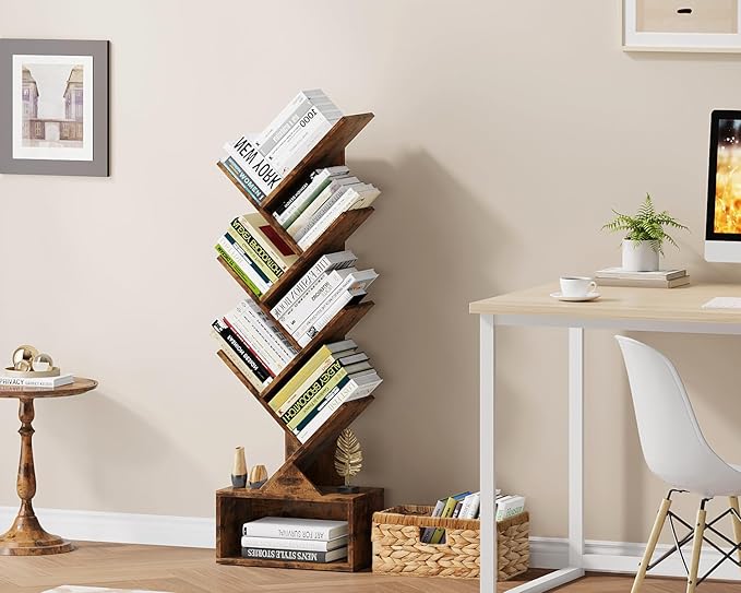 Vagusicc 6 Tier Tree Bookshelf, Modern Floor Standing Bookcase with Storage Drawer, Tall Wood Book Storage Rack for CDs/Books, Utility Book Organizer Shelves for Bedroom/Living Room/Home Office/Corner - LeafyLoom