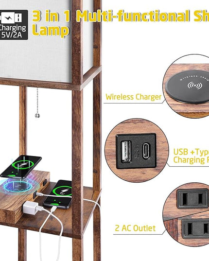 Floor Lamp with Wireless Charger, Modern Shelves Floor Lamp with USB A+C Ports & 2 AC Outlets,3 Color Temperature Corner Floor Lamps for Living Room Bedroom Office (Brown) - LeafyLoom