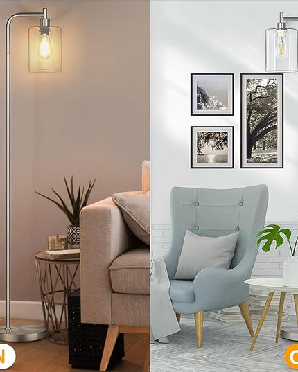 MAXvolador Industrial Floor Lamp, Modern Standing Lamp with Hanging Clear Glass Shade, Classic Reading Tall Pole Light for Living Room, Brushed Nickel - LeafyLoom