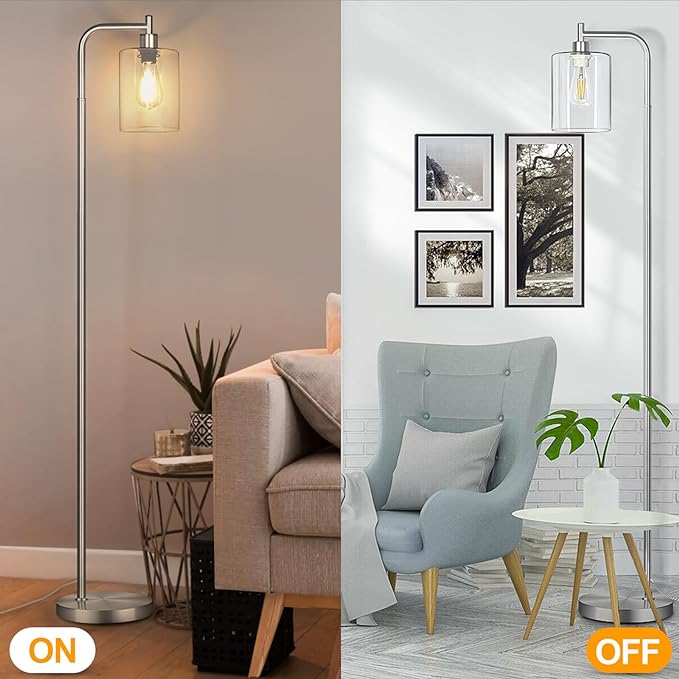 MAXvolador Industrial Floor Lamp, Modern Standing Lamp with Hanging Clear Glass Shade, Classic Reading Tall Pole Light for Living Room, Brushed Nickel - LeafyLoom