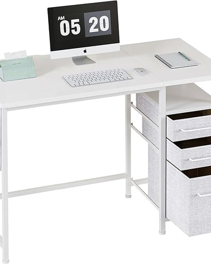 Ｍａｉｈａｉｌ Maihail Small Desk with Drawers, 40 inch Computer Desk with Shelves, Writing Desk with Storage, Small Office Desk with Metal Frame, White - LeafyLoom