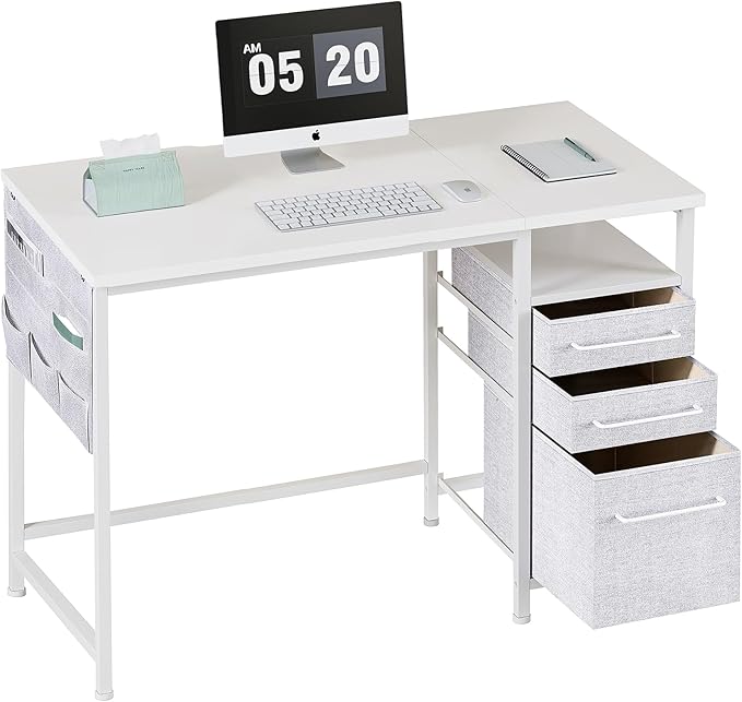 Ｍａｉｈａｉｌ Maihail Small Desk with Drawers, 40 inch Computer Desk with Shelves, Writing Desk with Storage, Small Office Desk with Metal Frame, White - LeafyLoom