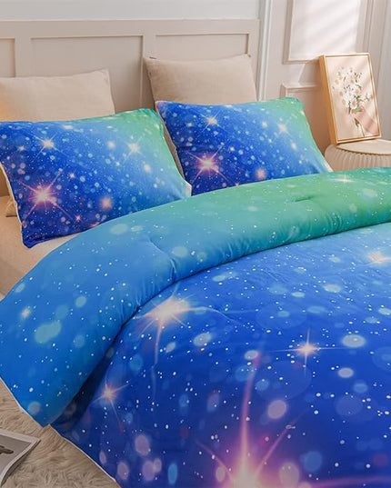 Holawakaka Kids Space Star Glitter Comforter Set Ombre Blue & Green Print Gradient Bedding Set Twin Size(Blue Green, Twin) - LeafyLoom
