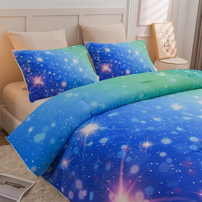 Holawakaka Kids Space Star Glitter Comforter Set Ombre Blue & Green Print Gradient Bedding Set Twin Size(Blue Green, Twin) - LeafyLoom