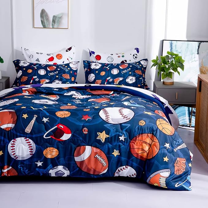Wajade Sports Comforter Set Bed in A Bag Full Size 7 Piece 3D Soccer Basketball Baseball Football Bedding Set for Kids Boys (1 Comforter, 1 Flat Sheet, 1 Fitted Sheet, 2 Pillowcase and 2 Pillow Sham) - LeafyLoom
