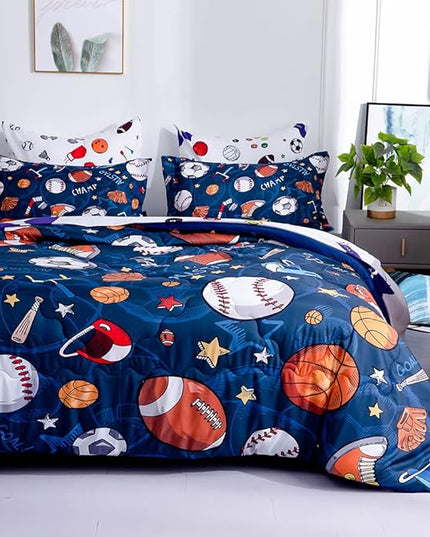 Wajade Sports Comforter Set - 7 Piece Queen Bedding with 3D Soccer, Basketball, Baseball, Football Design for Kids - LeafyLoom