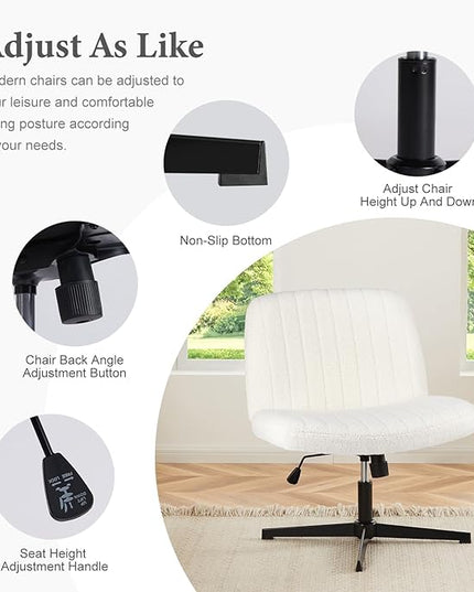 Sweetcrispy Criss Cross Chair Legged, Armless Office Desk Chair No Wheels, Swivel Vanity Chair, Height Adjustable Wide Seat Computer Task Chair, Fabric Vanity Modern Home Chair White - LeafyLoom