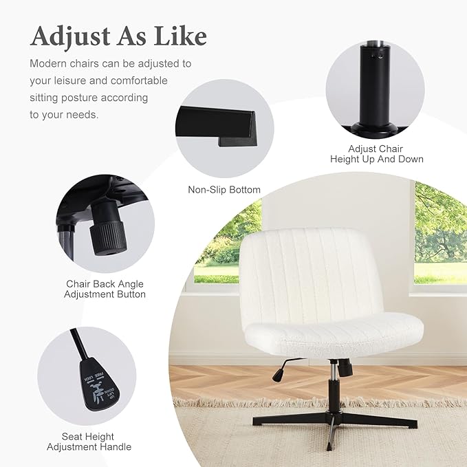 Sweetcrispy Criss Cross Chair Legged, Armless Office Desk Chair No Wheels, Swivel Vanity Chair, Height Adjustable Wide Seat Computer Task Chair, Fabric Vanity Modern Home Chair White - LeafyLoom