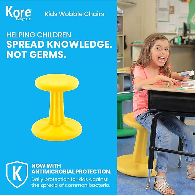 Kore Kids Wobble Chair - Flexible Seating Stool for Classroom & Elementary School, ADD/ADHD - Made in The USA - Age 6-7, Grade 1-2, Yellow (14in) - LeafyLoom