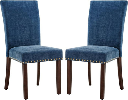 COLAMY Upholstered Parsons Dining Chairs Set of 4, Fabric Dining Room Kitchen Side Chair with Nailhead Trim and Wood Legs - Dark Blue - LeafyLoom