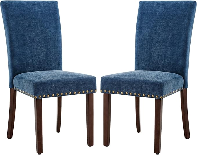 COLAMY Upholstered Parsons Dining Chairs Set of 4, Fabric Dining Room Kitchen Side Chair with Nailhead Trim and Wood Legs - Dark Blue - LeafyLoom