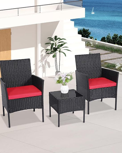 Patio Furniture Set 3 Pieces All-Weather Rattan Outdoor Furniture Patio Chairs with Tempered Glass Table for Porch Bistro Balcony Bistro Set(Black/Red) - LeafyLoom