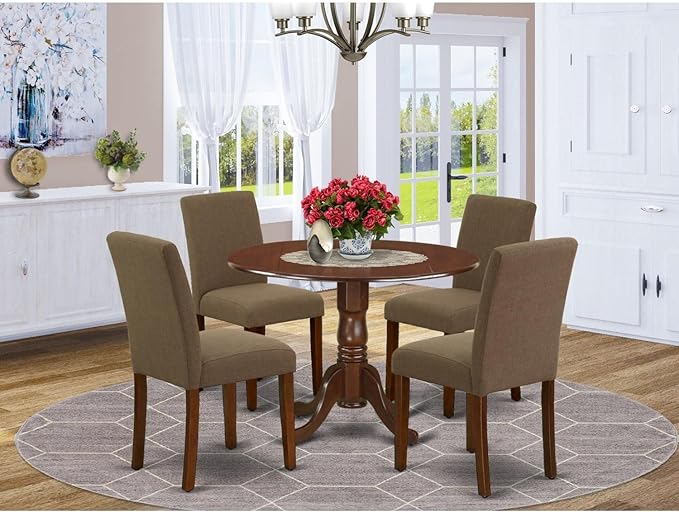 East West Furniture DLAB5-MAH-18 5 Piece Kitchen Table & Chairs Set Includes a Round Dining Room Table with Dropleaf and 4 Coffee Linen Fabric Parson Dining Chairs, 42x42 Inch, Mahogany - LeafyLoom