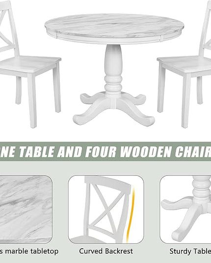 Round 5-Piece Kitchen Room Solid Wood Dining Table and Chairs Set for 4, White - LeafyLoom