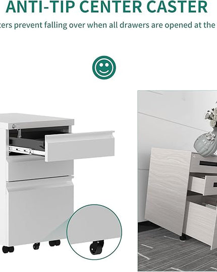 YITAHOME 3-Drawer Mobile File Cabinet with Lock, Office Storage Filing Cabinet for Legal/Letter Size, Pre-Assembled Metal File Cabinet Except Wheels Under Desk -White - LeafyLoom
