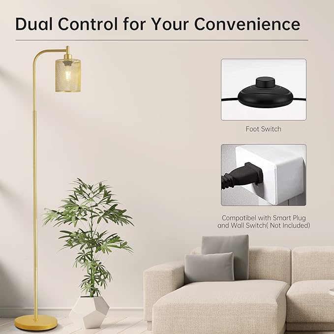 BoostArea Industrial Gold Floor Lamp, 67 Inch LED Standing Lamp with Iron Mesh Lampshade, 6W Brass Stand Up Lamp for Living Room, Bedroom, Office, Den - LeafyLoom