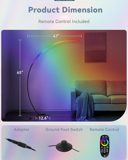 LEDIARY Arc Floor Lamp 65" Modern Standing Lamp with Remote, Black LED Arch Lamps for Living Room Bedroom Office, 3 Color Temperature & Stepless Dimmable Arched Reading Lamp - LeafyLoom