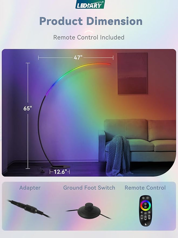 LEDIARY Arc Floor Lamp 65" Modern Standing Lamp with Remote, Black LED Arch Lamps for Living Room Bedroom Office, 3 Color Temperature & Stepless Dimmable Arched Reading Lamp - LeafyLoom