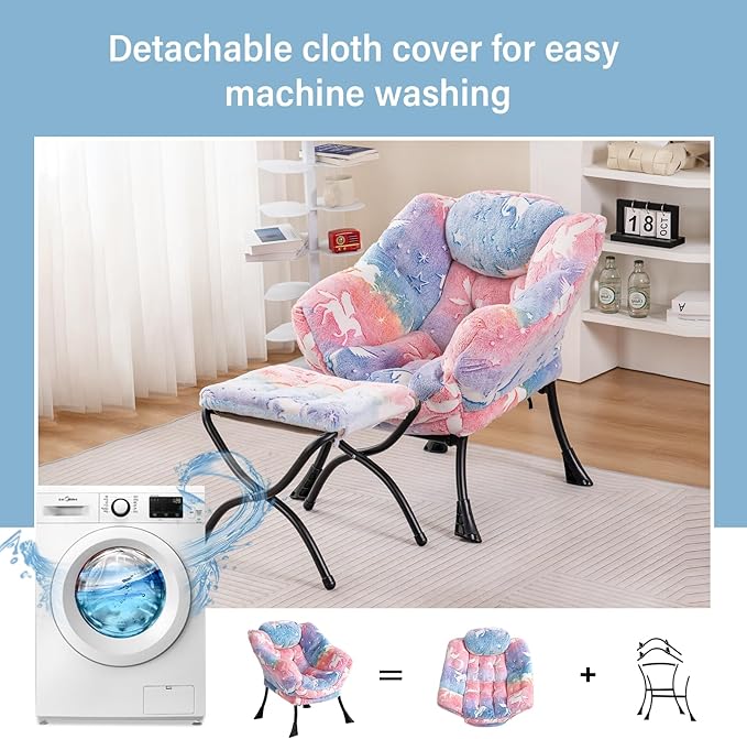 Welnow Toddler Kids Lazy Chair with Ottoman, Glow in The Dark Accent Comfy Lounge Children Armchair Couch with Removable Cover, Detachable Reading Chair with Footrest for Boy or Girl - LeafyLoom