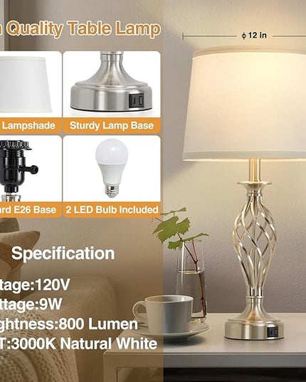 Table Lamp for Bedroom Set of 2 with USB C+A Ports, Modern Bedside Lamps with Spiral Cage Base, White Fabric Shade, Nightstand Lamp for Living Room Reading Bed Side End Table, 2 LED Bulbs Included - LeafyLoom