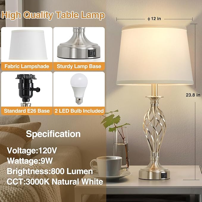 Table Lamp for Bedroom Set of 2 with USB C+A Ports, Modern Bedside Lamps with Spiral Cage Base, White Fabric Shade, Nightstand Lamp for Living Room Reading Bed Side End Table, 2 LED Bulbs Included - LeafyLoom