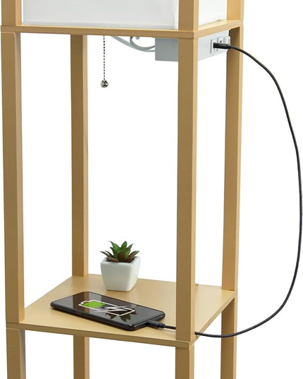 Simple Designs LF1037-TAN-LB Three Shelf Etagere Organizer Storage Floor Lamp with 2 Dual USB Ports and Charging Outlet, Tan, with Feit LED Bulb Included - LeafyLoom