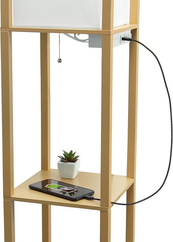 Simple Designs LF1037-TAN-LB Three Shelf Etagere Organizer Storage Floor Lamp with 2 Dual USB Ports and Charging Outlet, Tan, with Feit LED Bulb Included - LeafyLoom