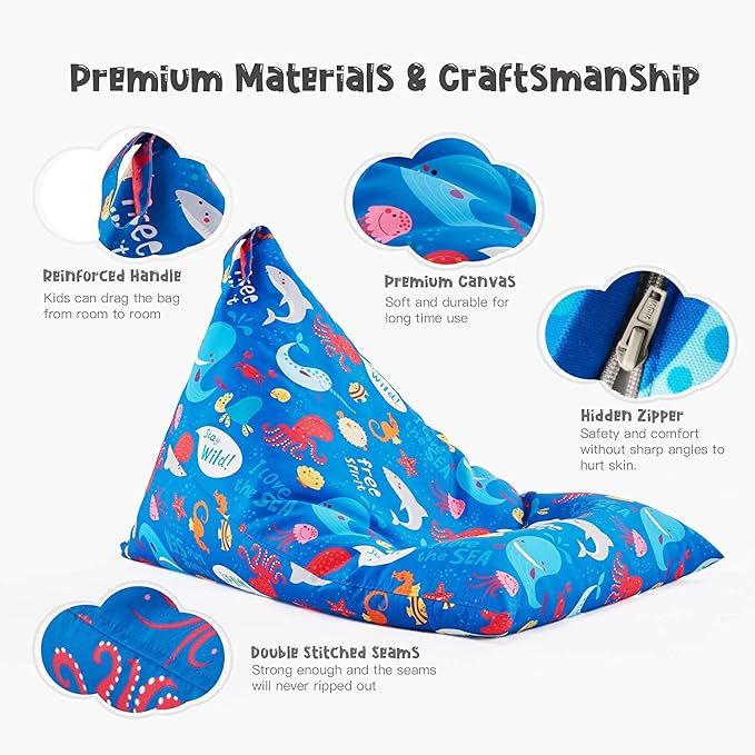 Nobildonna Stuffed Animal Storage Bean Bag Chair Cover Only for Kids and Adults, Extra Large Beanbag without Filling Plush Toys Holder and Organizer- Premium Canvas 250L (Sea Animals) - LeafyLoom