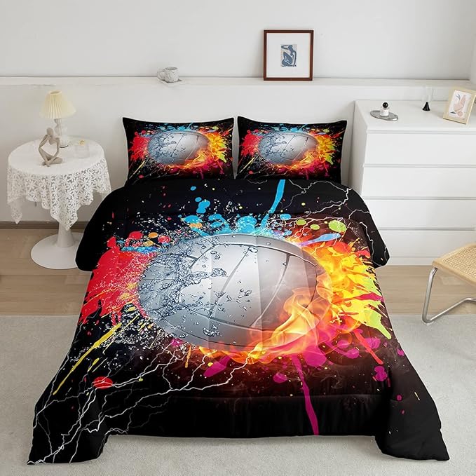 Erosebridal Kids Volleyball Comforter Set for Teen Girls Boys Volleyball Bedding Set Twin Grunge Hippie Tie Dye Bedding Comforter Red Blue Fire Water Lightning Quilt Duvet Insert 1 Pillow Case - LeafyLoom
