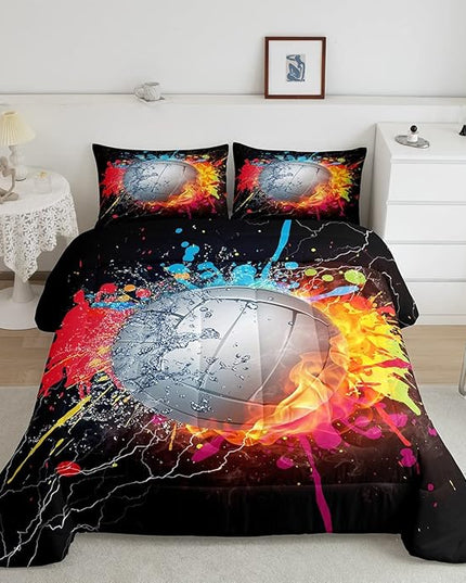 Erosebridal Kids Volleyball Comforter Set for Teen Girls Boys Volleyball Bedding Set Full Grunge Hippie Tie Dye Bedding Comforter Red Blue Fire Water Lightning Quilt Duvet Insert 2 Pillow Cases - LeafyLoom