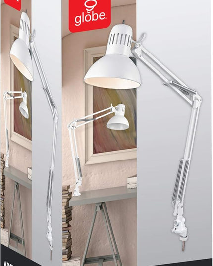 Globe Electric 52847 31.5" Swing Arm Clamp-On Desk Lamp, Glossy White, Nickel Accents, On/Off Rotary Switch, Partially Adjustable Swing Arm, Reading Light, Home Essentials, Office Décor - LeafyLoom