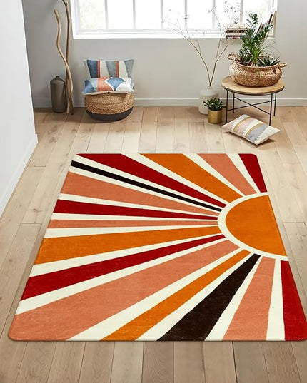 Boho Washable Rug 4'x6' Rug Kids Area Rug for Playroom, Non-Slip Kids Rug for Bedroom, Rainbow Orange Sun Carpet Soft Throw Sunshine Rug for Office Nursery Entryway Dorm - LeafyLoom
