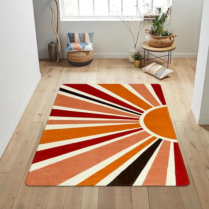Boho Washable Rug 4'x6' Rug Kids Area Rug for Playroom, Non-Slip Kids Rug for Bedroom, Rainbow Orange Sun Carpet Soft Throw Sunshine Rug for Office Nursery Entryway Dorm - LeafyLoom