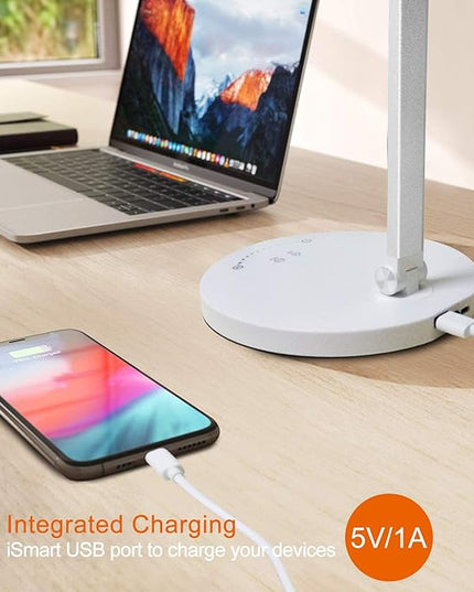 LED Desk Lamp, Aluminum Table Lamp, Dimmable Eye-Caring Table Lamp with 5 Lighting Models with 5 Brightness Levels, Touch Control and Memory Function, USB Charging Port, 8W, White…… - LeafyLoom