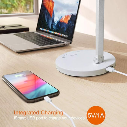 LED Desk Lamp, Aluminum Table Lamp, Dimmable Eye-Caring Table Lamp with 5 Lighting Models with 5 Brightness Levels, Touch Control and Memory Function, USB Charging Port, 8W, White…… - LeafyLoom