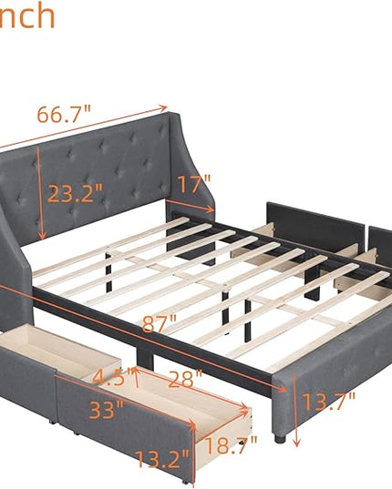 Queen Size Bed Frame with 4 Storage Drawers & Tufted Headboard Linen Upholstered Platform Bed Frame Wingback Beds with Sturdy Wooden Slats Support, Easy Assembly, Noise-Free - LeafyLoom