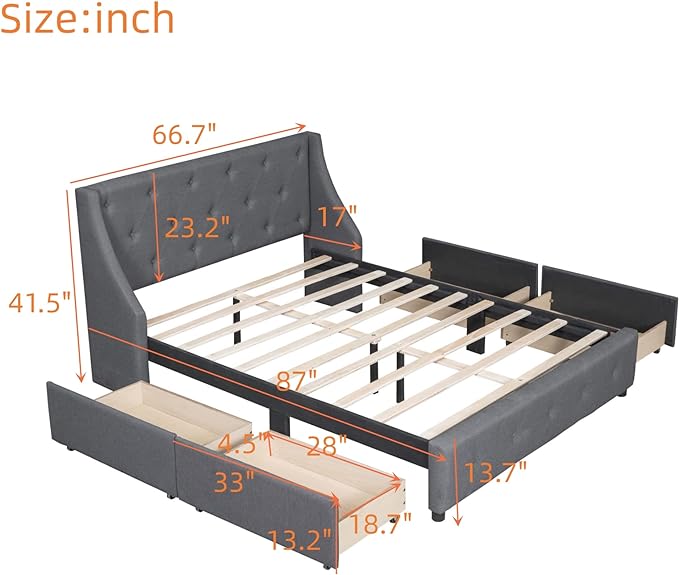 Queen Size Bed Frame with 4 Storage Drawers & Tufted Headboard Linen Upholstered Platform Bed Frame Wingback Beds with Sturdy Wooden Slats Support, Easy Assembly, Noise-Free - LeafyLoom