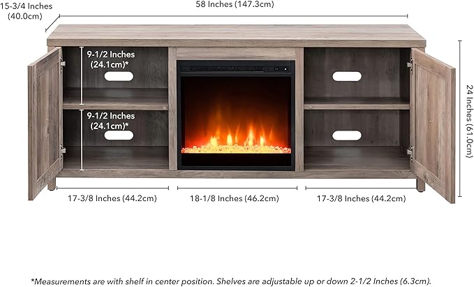Henn&Hart Rectangular TV Stand with Crystal Fireplace for TV's up to 65" in Gray Oak, TV Stands for the Living Room - LeafyLoom