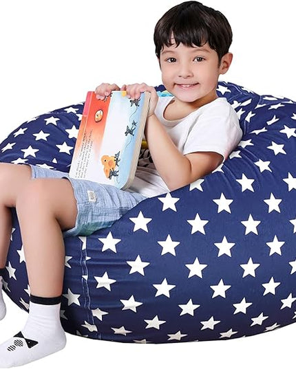 Lukeight Stuffed Animal Storage Bean Bag Chair Cover for Kids, Zipper Beanbag Chair Cover for Organizing Toddler & Kids' Rooms Plush Toys (Stars Navy Velvet, Large) - LeafyLoom