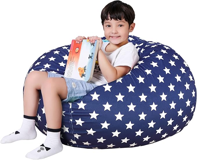 Lukeight Stuffed Animal Storage Bean Bag Chair Cover for Kids, Zipper Beanbag Chair Cover for Organizing Toddler & Kids' Rooms Plush Toys (Stars Navy Velvet, Large) - LeafyLoom