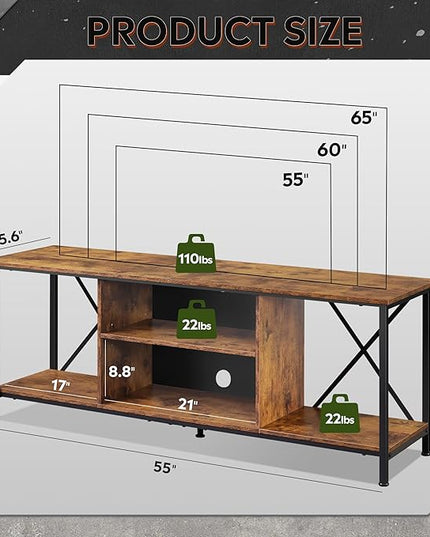 WLIVE TV Stand up to 65 Inch TV, 55" Entertainment Center, Industrial TV Console with Open Storage Shelf for Living Room and Bedroom, Rustic Brown - LeafyLoom