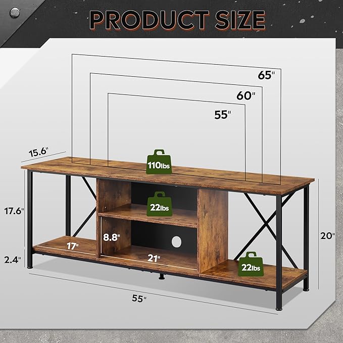 WLIVE TV Stand up to 65 Inch TV, 55" Entertainment Center, Industrial TV Console with Open Storage Shelf for Living Room and Bedroom, Rustic Brown - LeafyLoom