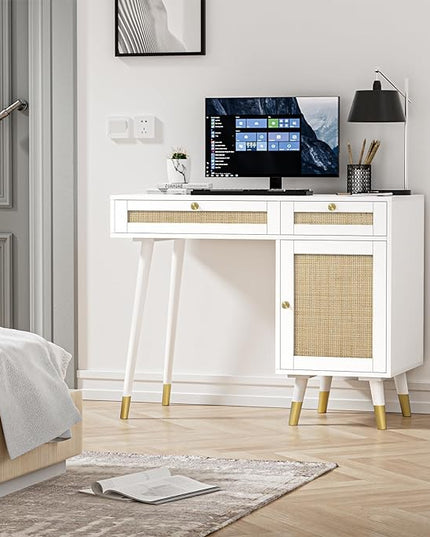 Anmytek Rattan Vanity Desk with Drawers and Storage, White Makeup Vanity Table Modern Home Office Desk Computer Desk for Study D0006 - LeafyLoom