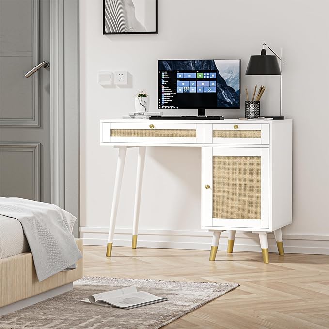 Anmytek Rattan Vanity Desk with Drawers and Storage, White Makeup Vanity Table Modern Home Office Desk Computer Desk for Study D0006 - LeafyLoom