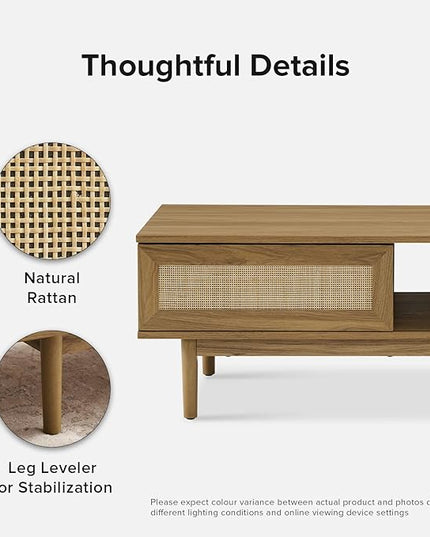 mopio Haylee Coffee Table, Modern Boho Farmhouse Small Coffee Table with Storage, Natural Rattan Living Room Tables, Center Table (Rattan (Oak) - LeafyLoom