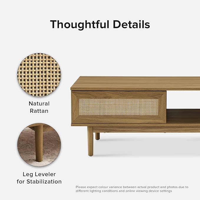 mopio Haylee Coffee Table, Modern Boho Farmhouse Small Coffee Table with Storage, Natural Rattan Living Room Tables, Center Table (Rattan (Oak) - LeafyLoom