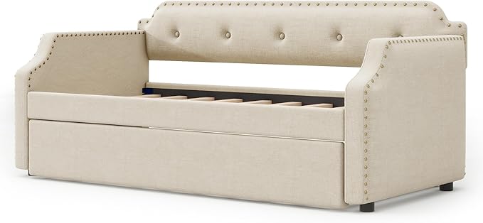 Twin Size Upholstered Daybed with Trundle, Wooden Day Sofa Bed Frame for Bedroom Living Guest Room, Wood Slat Support, Space Saving, Beige - LeafyLoom