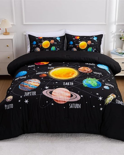 Aimuan Space Comforter Twin Set Kids Rocket Bedding Set Super Soft & Cute Aliens UFO Printed for Boys Girls Teen (Black 1, Full) - LeafyLoom