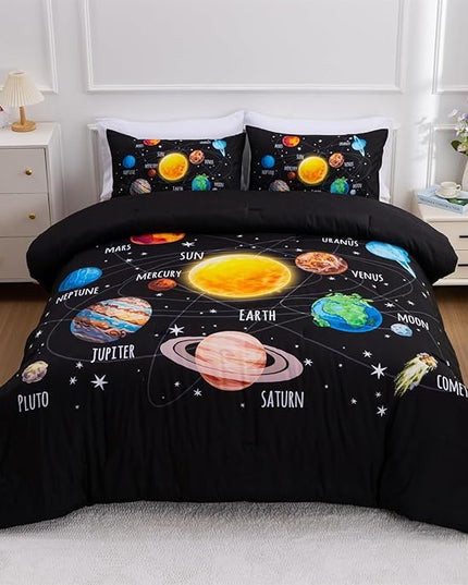 Aimuan Space Comforter Twin Set Kids Rocket Bedding Set Super Soft & Cute Aliens UFO Printed for Boys Girls Teen (Black 1, Twin) - LeafyLoom