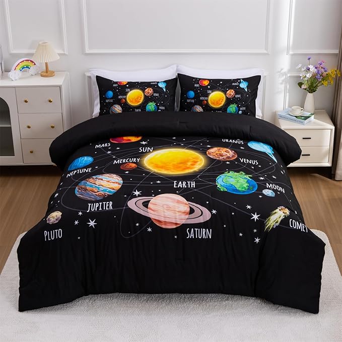 Aimuan Space Comforter Twin Set Kids Rocket Bedding Set Super Soft & Cute Aliens UFO Printed for Boys Girls Teen (Black 1, Twin) - LeafyLoom